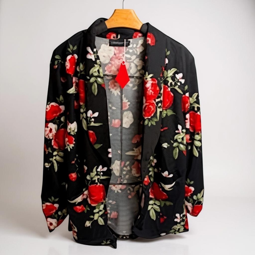 Valenti Daniel Black Floral Open Front Blouse | Size XL | NWT
